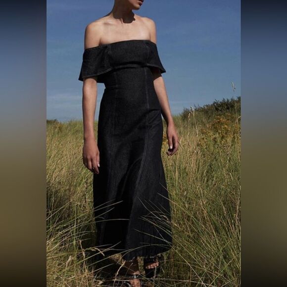 Beaufille Lambda Maxi Black Dress Off The Shoulder Denim Size 4 - Picture 3 of 17